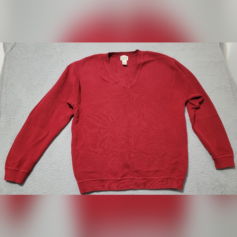 LL Bean Red Long Sleeve Knit V-neck Sweater Men's Large